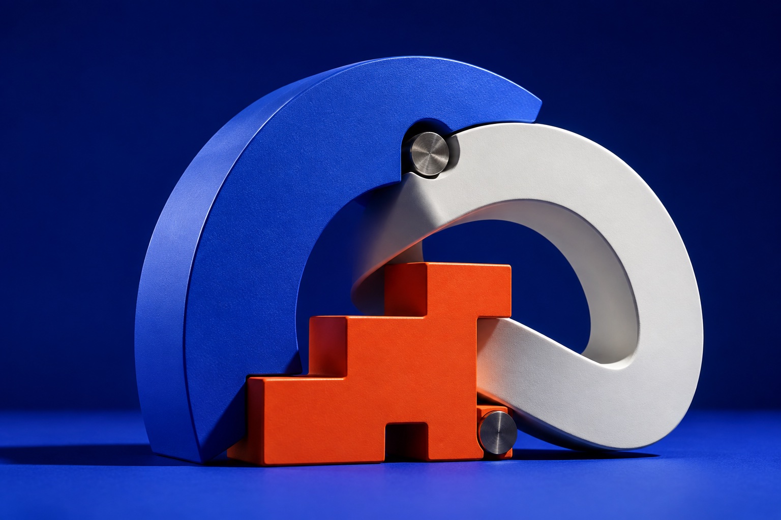 Blue, orange and white sculptural pieces fitted together